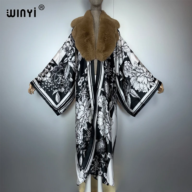 ชุดคลุมสไตล์โบฮีเมียน WINYI ผ้าไหมเทียม แต่งปกขนเฟอร์เทียม เหมาะสำหรับงานปาร์ตี้ อาบายา ดูไบ แฟชั่นหรูหราสำหรับผู้หญิงมุสลิม แบบเปิดด้านหน้า