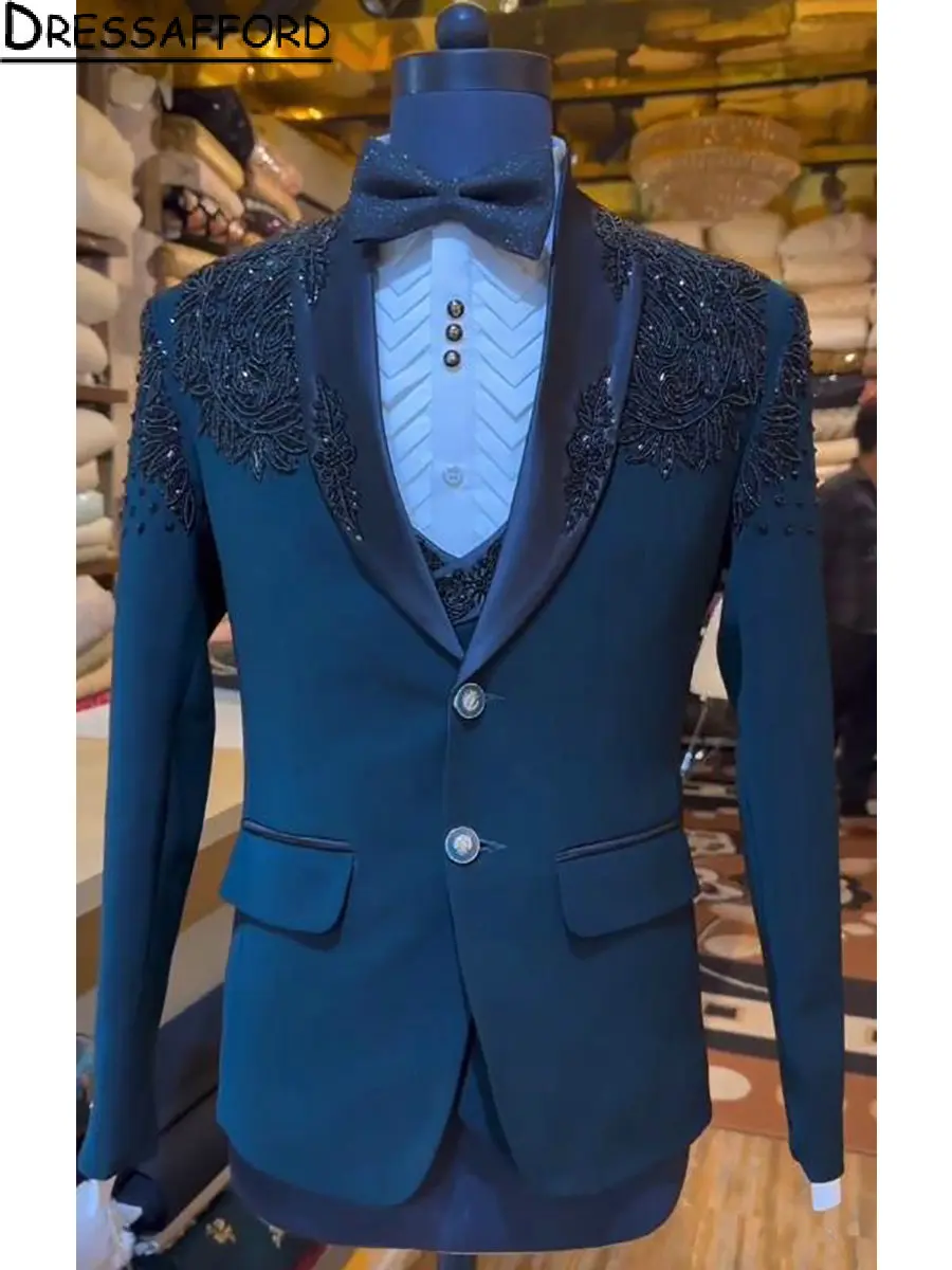 Navy Blue Beading Three Pieces Men Suits With Black Sequined Appliques Man Blazer(Jacket+Vest+Pants)