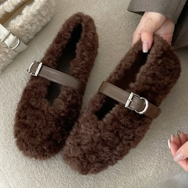 Zapatos planos De felpa cálidos para invierno, Zapatos De diseñador con punta redonda y hebilla estrecha a la moda para Mujer, Zapatos informales De fondo suave y acogedores, Zapatos De Mujer