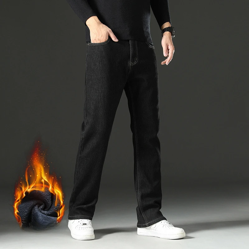 Warm Denim Pants Men Fleece Jeans 150KG Plus Size 50 52 54 56 Stretch Straight Loose Thermal Thick Winter Black Denim Trousers