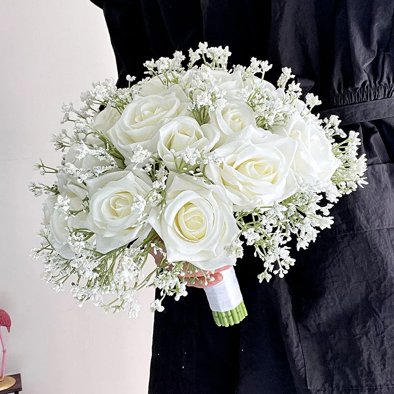

Bridal Bouquet Wedding Accessories White Silk Roses Baby's Breath Artificial Flowers Bride Bouquet Wedding Flowers Party Decor