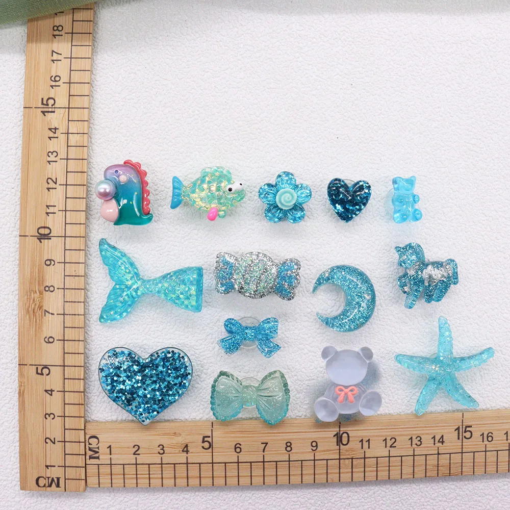 Hot Sale 1-16pcs Resin Shoe Charms Blue Moon Bear Fish Flower Heart Candy Accessories DIY Shoes Decoration For Kids X-mas Gift