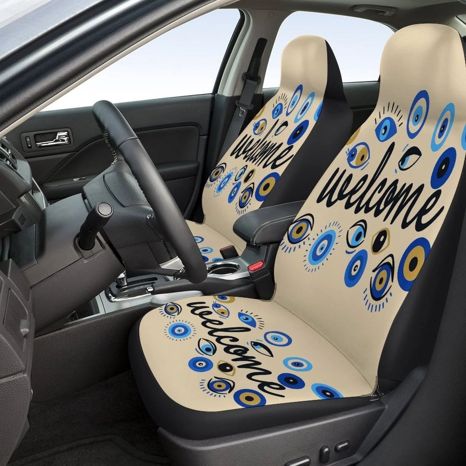 Set Of Car Seat Covers Featuring An Evil Eye Design, Suitable For Various Vehicles. Stylish And Unique Decorative Covers That Th