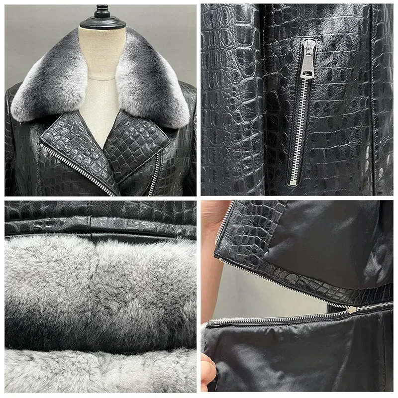 Chaqueta desmontable de piel de conejo Rex para mujer, cuello y Borde inferior, abrigo de cuero de oveja, chaquetas de Moto, nuevo diseño