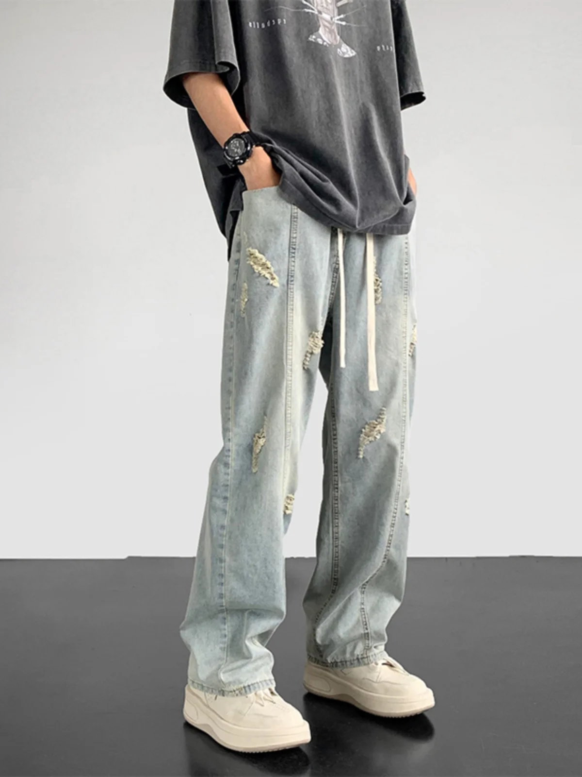 

Летние тонкие мужские джинсы в американском стиле High Street Vibe, повседневные свободные прямые длинные брюки, модный бренд с отверстиями