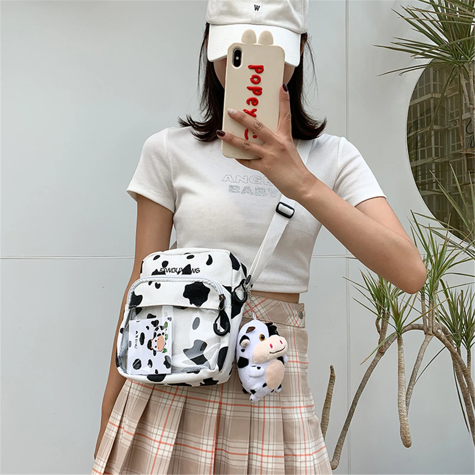 Cute Cow Pattern Canvas Crossbody Bag Mini Shoulder Bag Student Small Messenger Phone Bag Purse