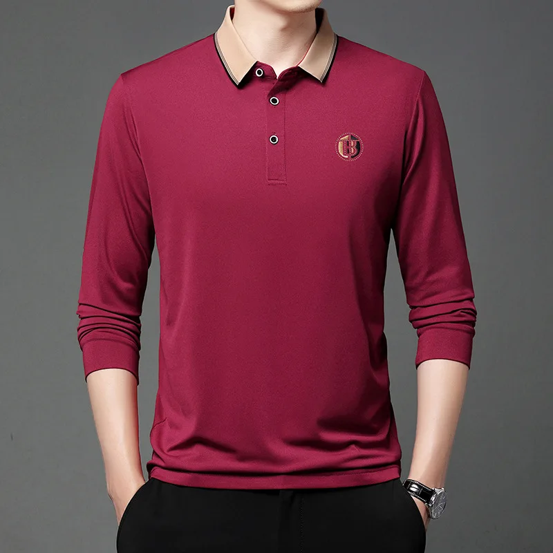 Autumn Casual All-match Men\'s Long Sleeve Polo-Neck Shirt Fashionable Embroidery Loose Solid Color Pullover Tops Male Clothes