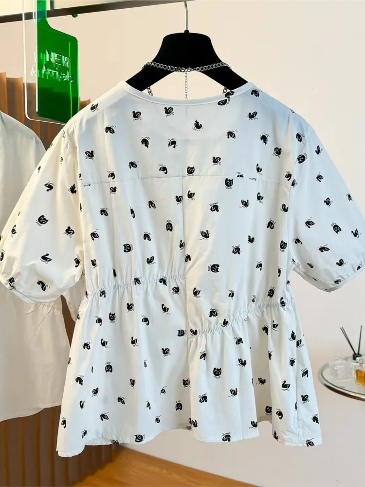 Summer Large French Style High-end Doll Shirt Women Short Sleeved Woman Shirt  In Covering The Belly Stylish Floral Ladies Tops