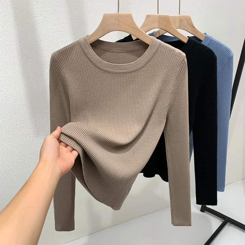 

Women's knitted base shirt2025New autumn and winter wide-neck pullover sweater with elastic slim-fit long-sleeve top