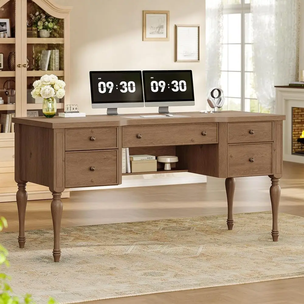 Executive Wood Desk with 4 Drawers, Cabinet & Keyboard Tray, Vintage Style Desk with Privacy Panel for Home Office, Study or Wri
