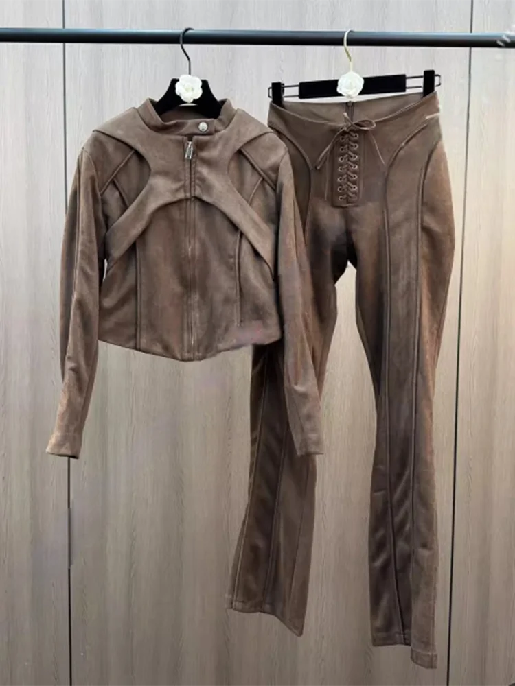 VGH Brown Color 2 Piece Set For Women Stand Collar Long Sleeve Short Coat High Wasit Drawstring Streetwear Suit Trousers Female