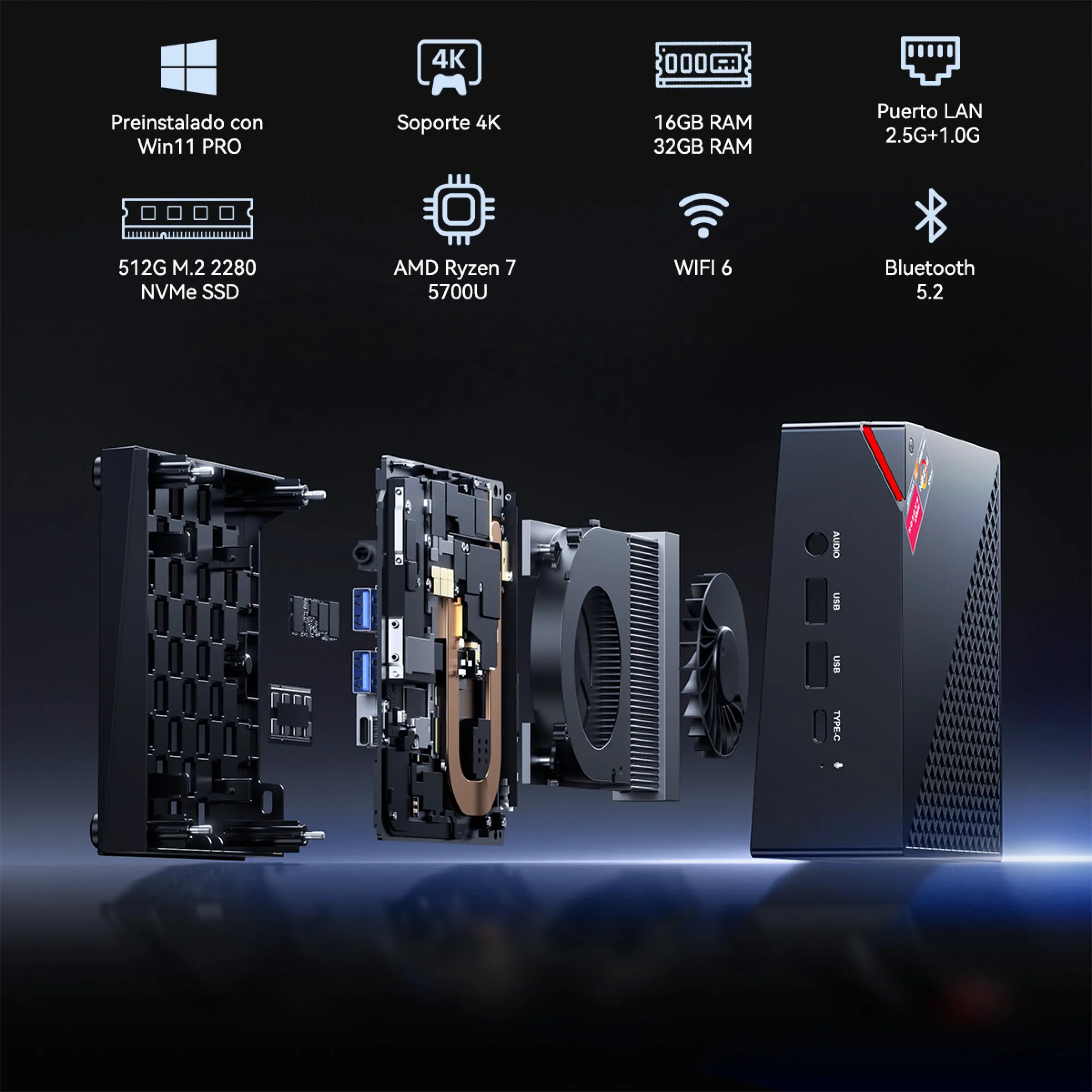 ACEMAGIC Mini PC AMD Ryzen 7 7730U 8C/16T up to 4.5GHz Windows 11