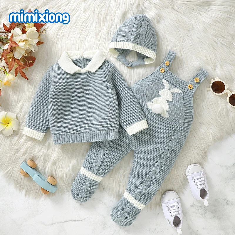 Newborn Baby Clothes Cute Rabbit Knit Infant Boys Girls Sweaters Pullovers+Rompers+Hats Outfits Sets 3pcs Toddler Child Costumes view 5