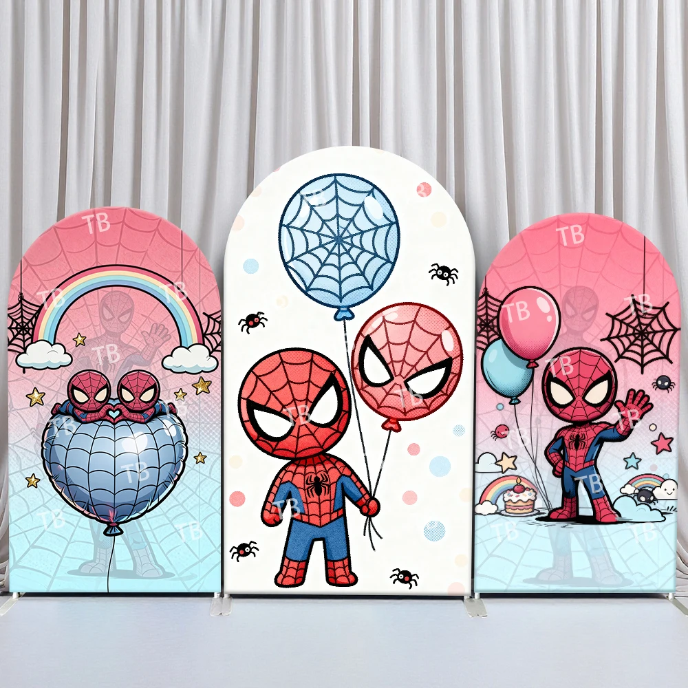 

Marvel Spider-Man Arch Backdrop Cover Cute Q Version Balloon Cake Design Birthday Party Photo Booth Props for Events Decorations