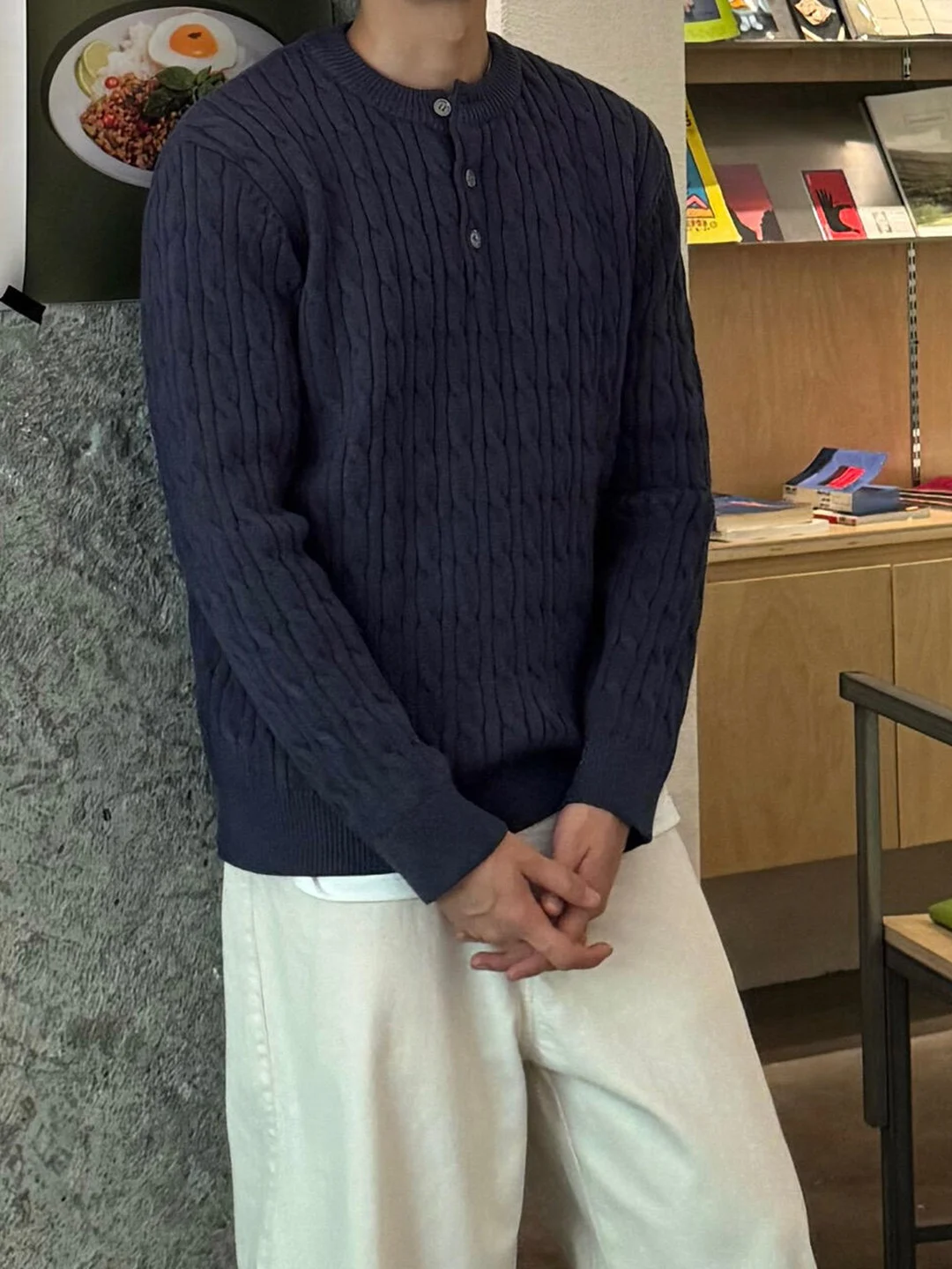 

Cleanfit k Blue Men's Henry Collar Knitwear Autumn Vintage Twist Flower Knitted Base irt American Sle Inner Wear Sweater