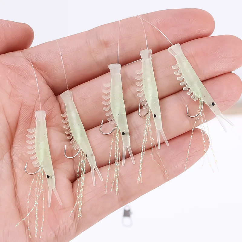 5pcs Luminous Soft Shrimp Fishing Hook Lure Bait Simulated Fish Skin String Hook Mackerel Barbed Hook Bass Cod Lures Sea Fishing