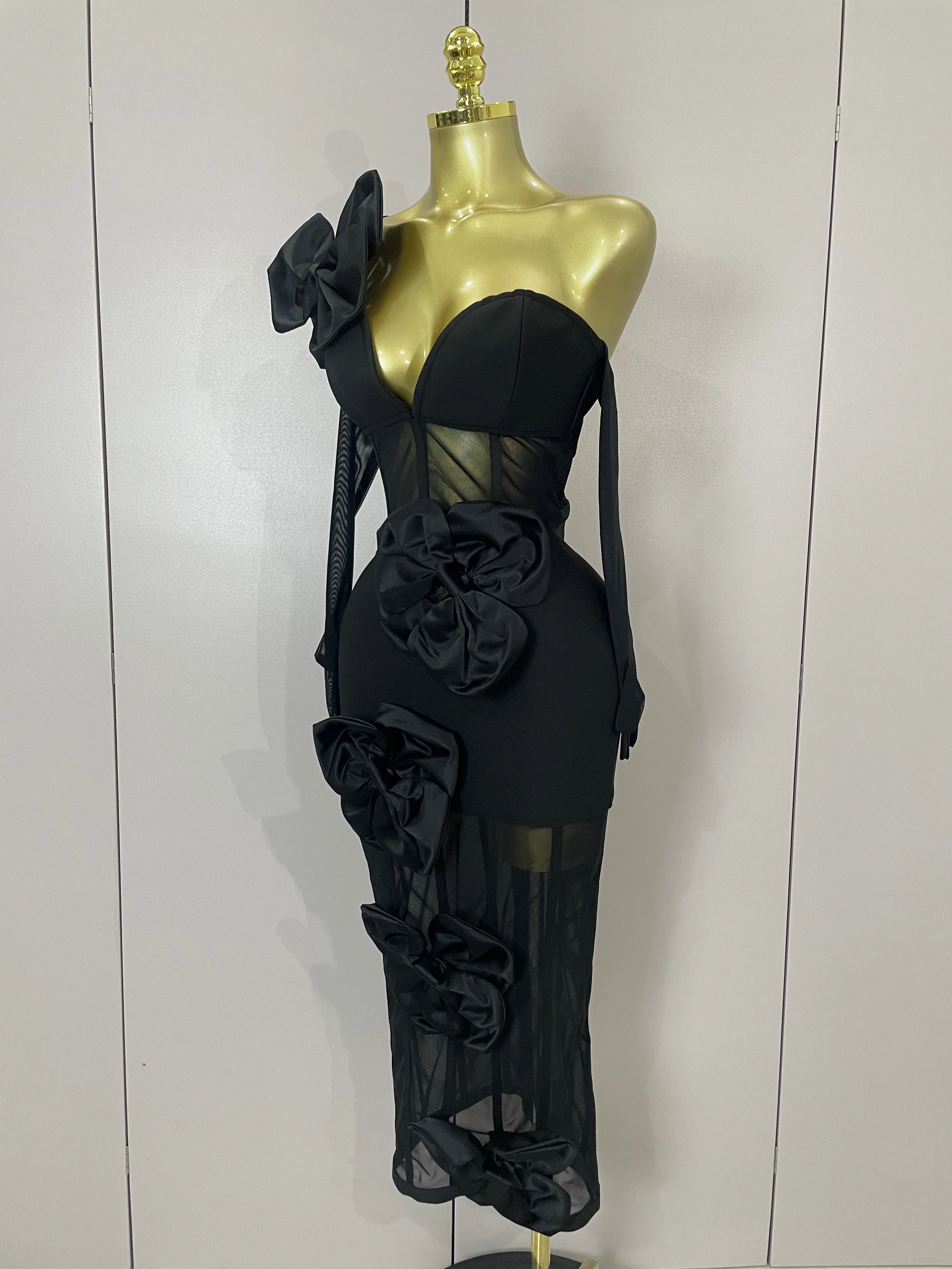 2025 Summer Women Elegant Party Birthday Dresses Sexy One Shoulder Bow Mesh See Through With Gloves Black Bandage Bodycon Dress