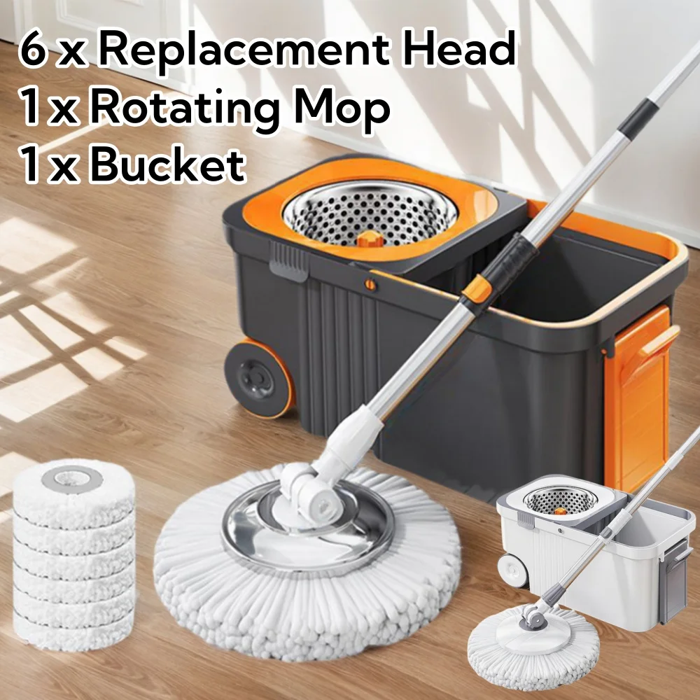 

Spin Mop Bucket Sets with 6 Replacement Head Refills Extended Handle Automatic Dehydration Floor Cleaning Rotary Mop Set