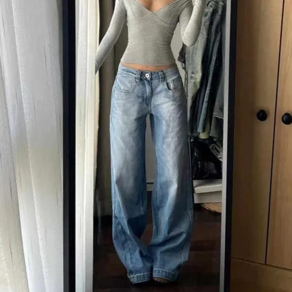 

Women's Low Rise Vintage Denim Pants 2025 Autumn Winter Y2K 2000s Baggy Jean Japanese Harajuku Jeans Wide Fit Jeans Korean New
