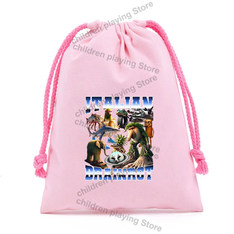 Sac à cordon série Brainrot italien, animaux AI, câble de données, pochette de rangement pour batterie externe, sacs de collations pour bonbons mignons, cadeau d'anniversaire