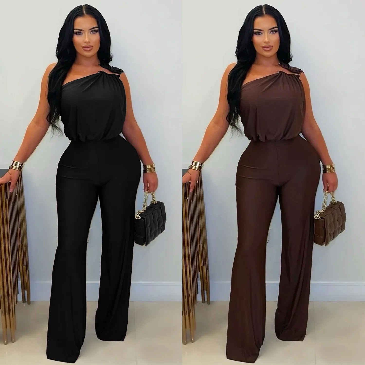 Sexy Nightclub Party Dance Gathering Club Banquet Solid Color Casual Off-Shoulder Sleeveless Bodycon Wide-Leg Jumpsuit
