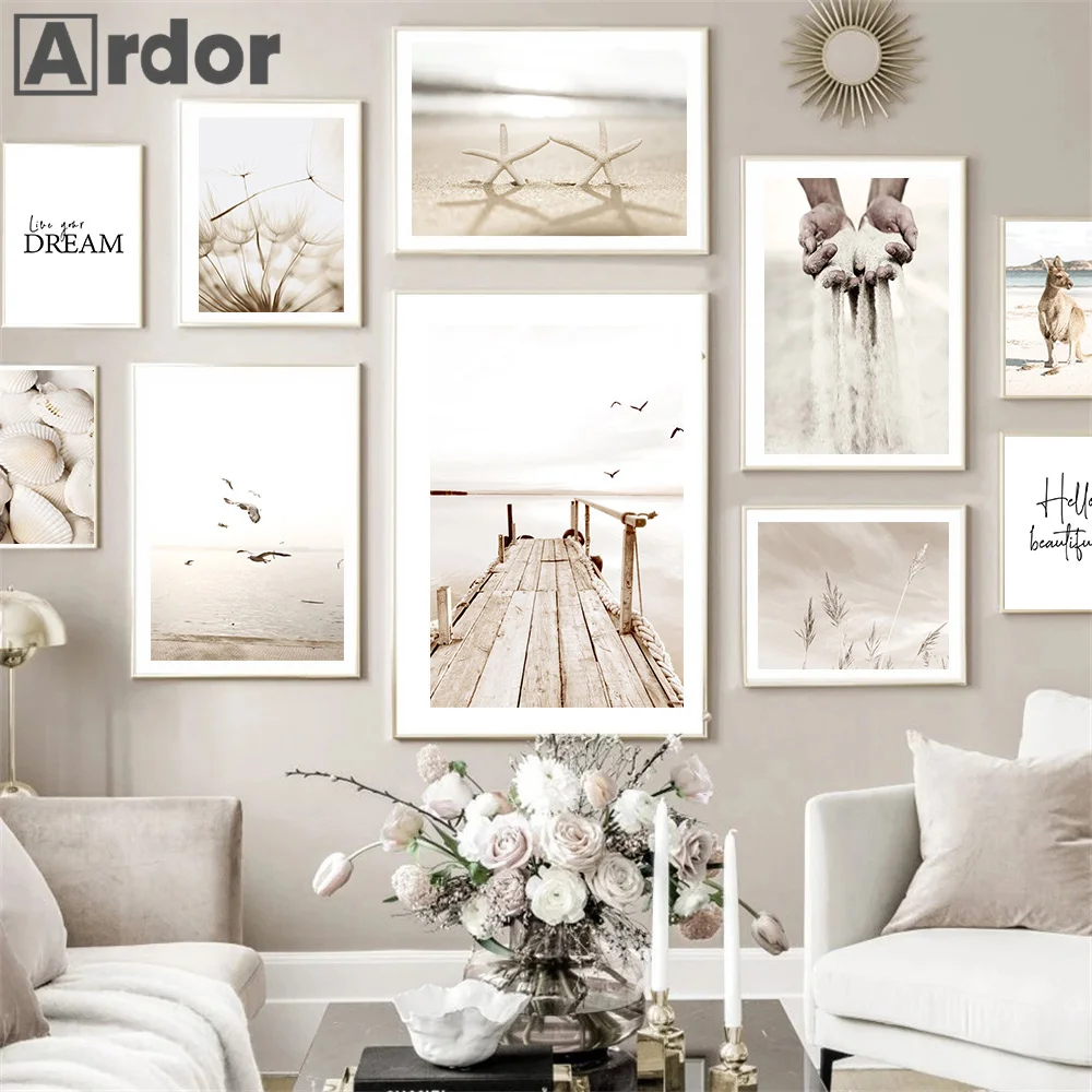 

Beige Grass Flower Dandelion Reed Poster Lake Beach Landscape Picture Canvas Painting Wall Art Bohemia Print Living Room Decor