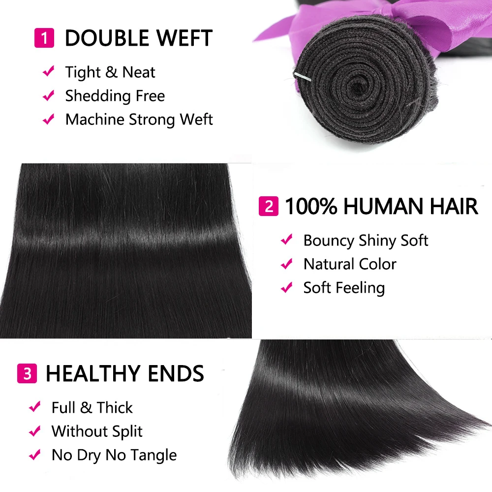 Extensiones de cabello humano liso para mujer, mechones de pelo peruano 100% Remy, de 12 a 32 pulgadas, color negro Natural, 1/3/4 piezas