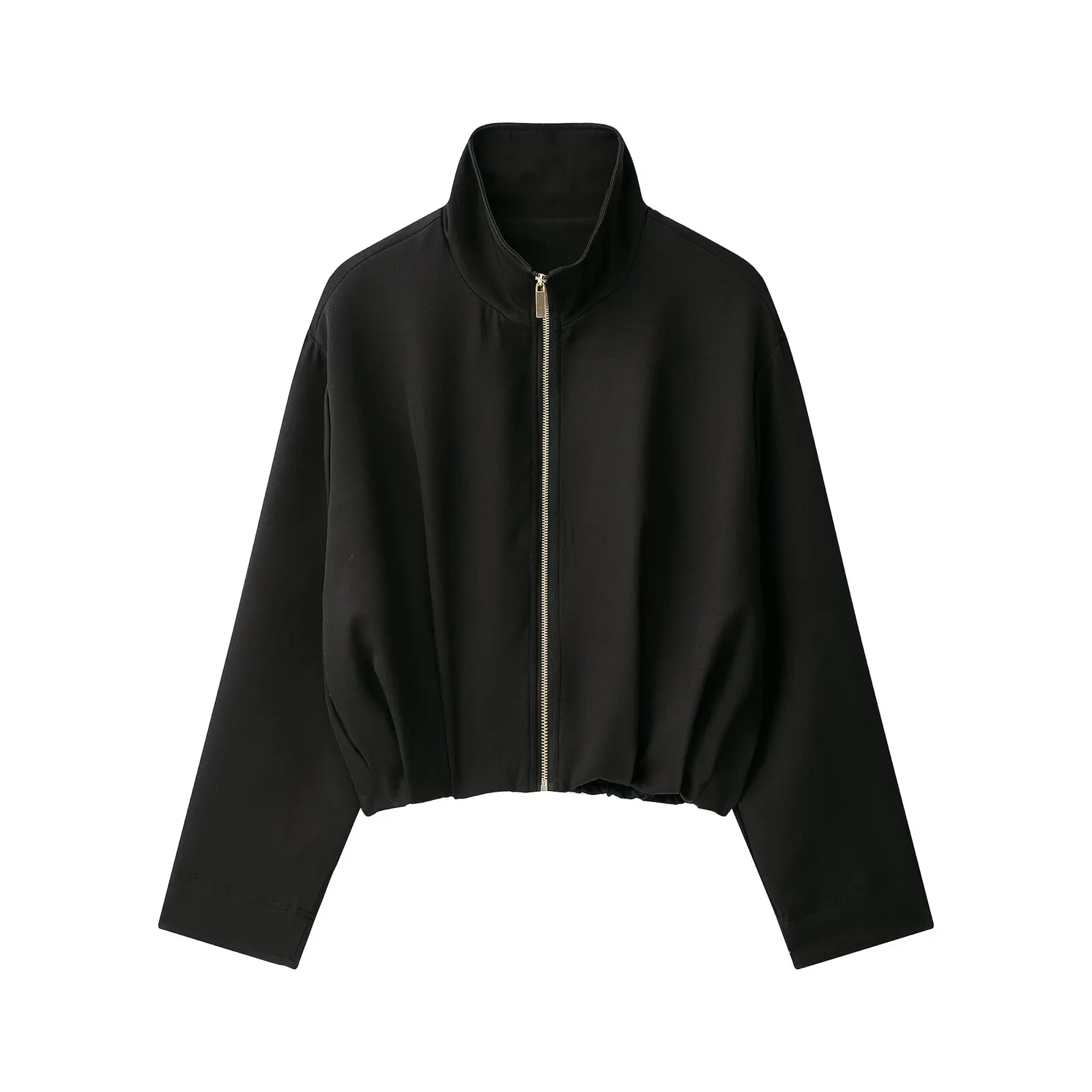 BSAY American Women Stand Collar Zip Up Cropped Jacket Long Sleeve Pleated Hem Loose Fit Solid Color Casual Short Outerwear Coat