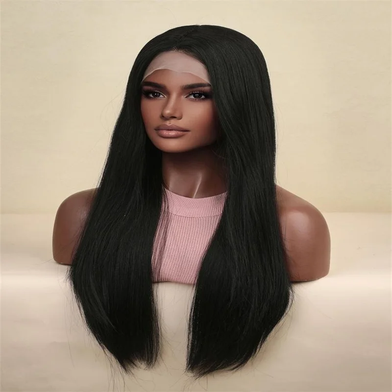 Soft Natural Black 26Inch Kinky Straight Lace Front Wig With Mached All Skins With Baby Hair Synthetic Preplucked Glueless Daily