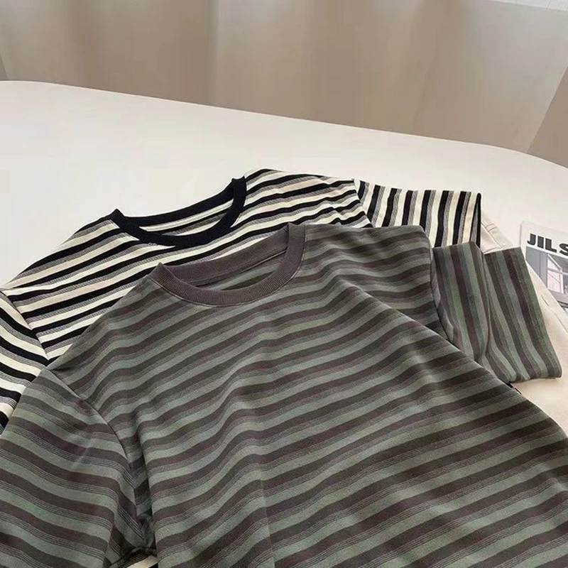 150kg Wear 2xl Summer Loose Green Black Striped Short Sleeve Men Fashion Casual Oversized Tshirt Vintage Clothes Trend Euro Size