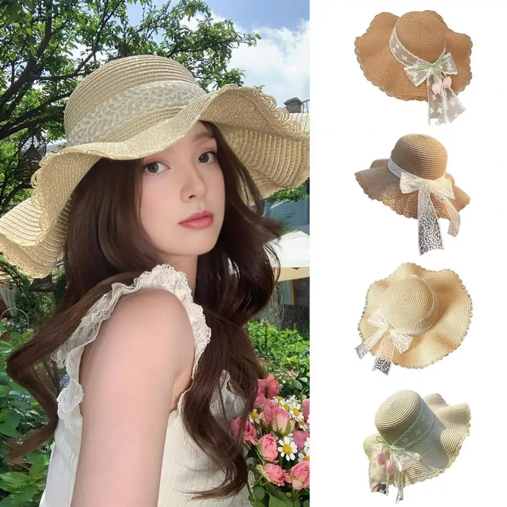 

Wavy Brim Hat Large Wavy Brim Sun Hat with Lace Bow Breathable Summer Straw Hat for Travel Foldable Portable Tulip Decor Beach