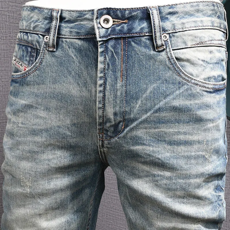 Street Fashion Men Jeans Retro Washed Blue High Quality Elastic Slim Fit Ripped Jeans Men Vintage Designer Casual Denim Pants