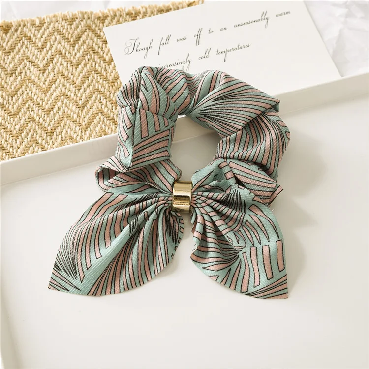 

Floral Striped Rabbit Ear Bow Hair Ties Scrunchies Adjustable No-Slip Metal Buckle Ponytail Holder for Women And Girls