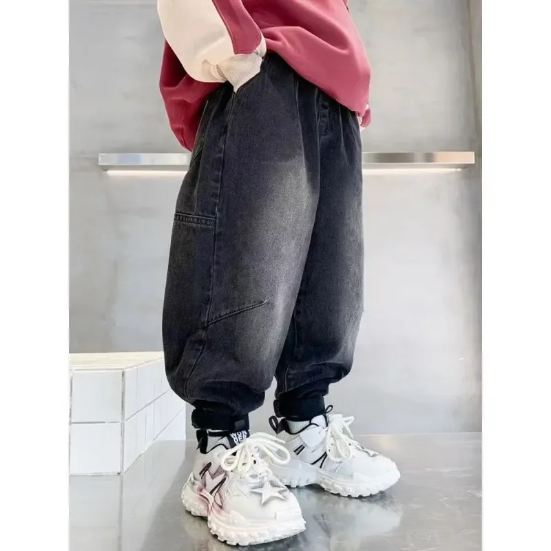 2024  New Jeans For Boys Child  Fashion Korean Style Teenager Trousers Autumn And Winter Thick Warm Kids Jeans Child Long Pants