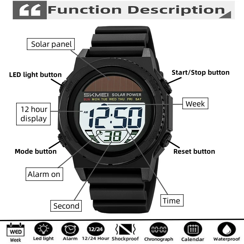 Skmei Solar Energy Digital Watches forMens LED Waterproof Swimming Chronograph TPU Strap Date Week Military Sports Wristwatch