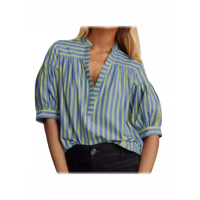 

2024New Fashion All-Matching Loose Striped Shirt Short Sleeve Lantern Sleeve Women