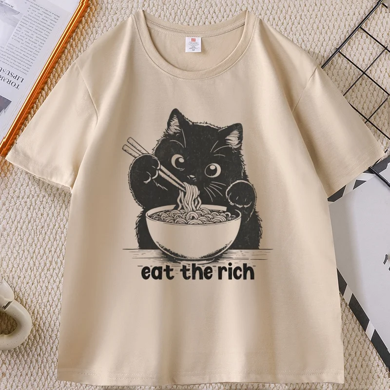 

Eat The Rich T-shirt Funny Cat Ramen T Shirt Men Women Casual Short-sleeved Tshirt Soft Fitness Summer Clothes Streetwear