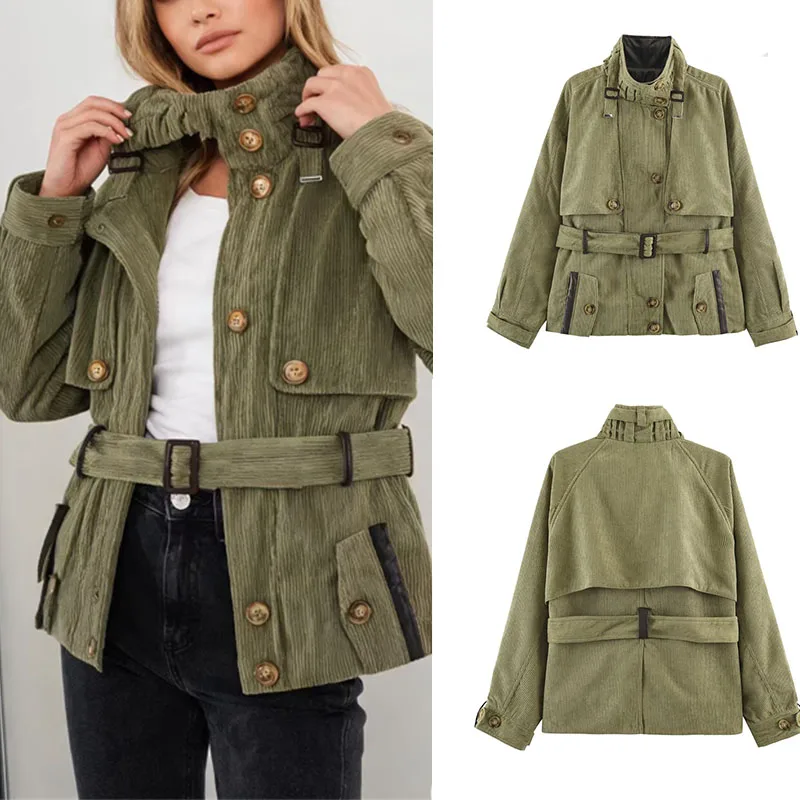 Women's Corduroy Waist Belt Trench Coat Stand Collar Multiple Pockets Retro Adventure Style Buttoned Short Fall/Winter Jacket