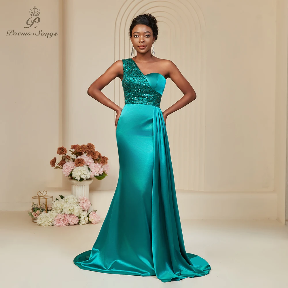 PoemsSongs One-Shoulder Satin Evening Dress with Shiny Sequin Waistband Elegant Long Gown vestido de festa bridesmaid dresses