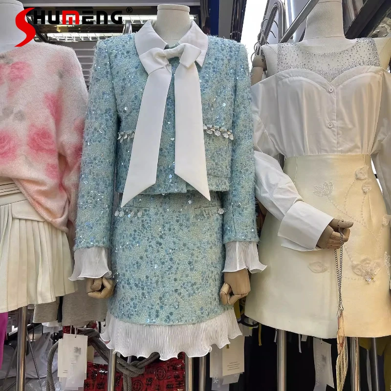 

Women 2025 Early Autumn Unique Beautiful Sets High-end Sequin Beaded Diamond Small Fragrant Short Style Skirts Two-piece Sets
