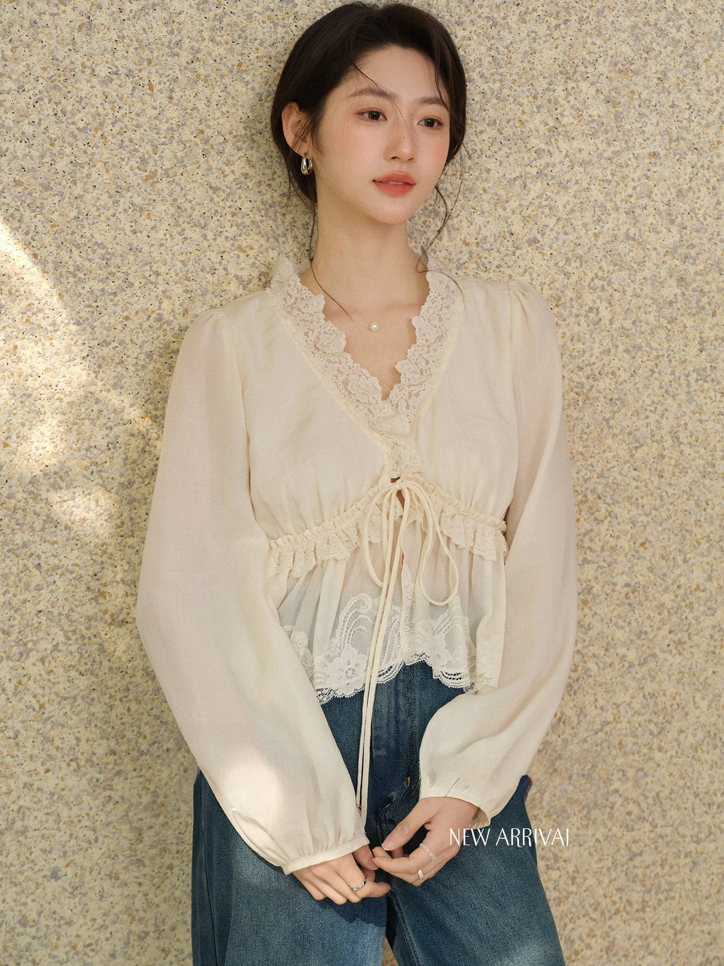 

Sweet Ele Long Sve irt Women's Spring Design Sense Lace Ribbon Tie French Sle Breathable Skin-friendly ort Length