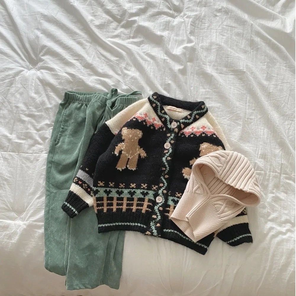 2025 Autumn New Baby Long Sleeve Knit Coat Infant Girl Cute Bear Print Knit Cardigan Kids Boys Casual Jacket Toddler Clothes 3