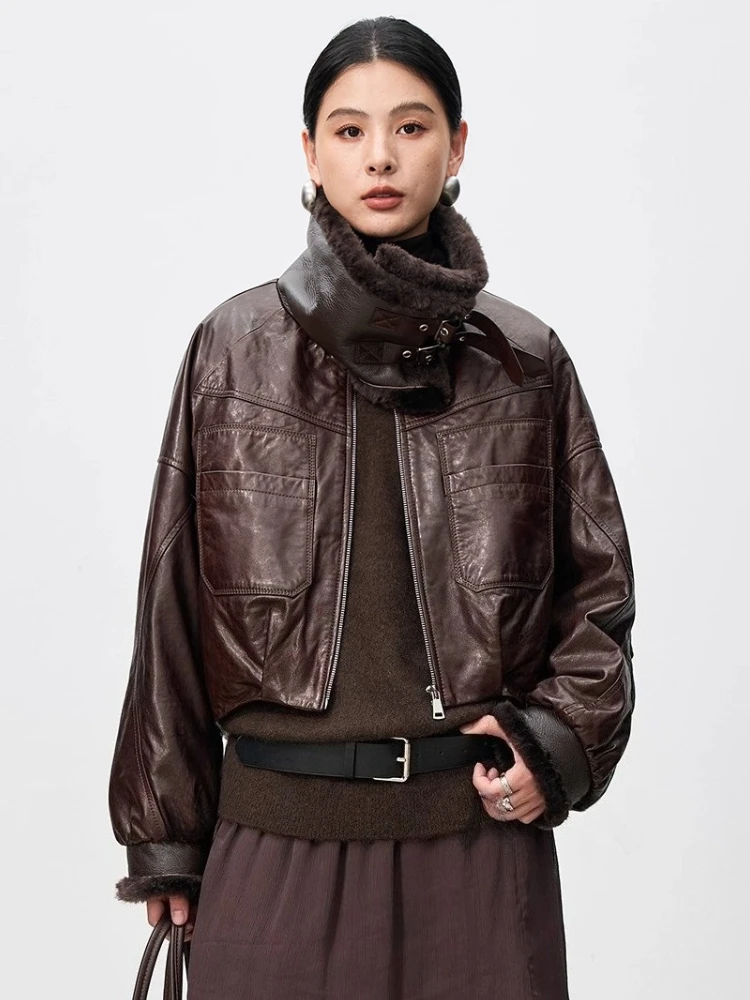 

Natural Wool Fur Collar Genuine Leather Goose Down Jackets Women 2026 New High-end Simple Short Winter Real Sheepskin Down Coat