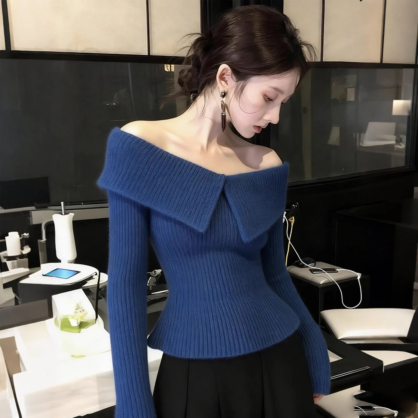 

Elegant Unique Knitted Woolen Sweater Deep Blue Turn-down Collar One-Shoulder Stylish Autumn Winter Fashion for Young Women