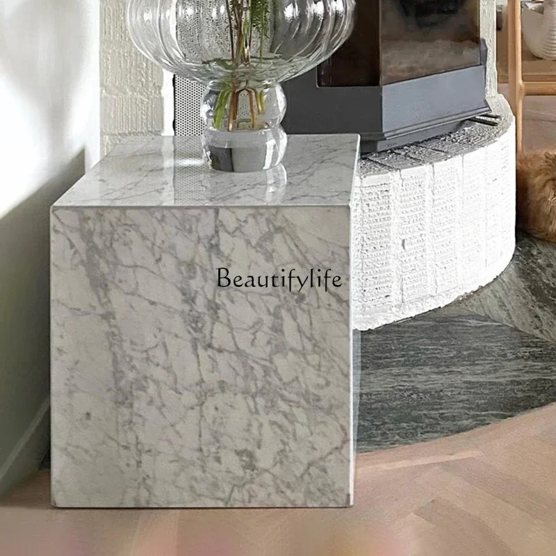 4  Italian Style Light Luxury Natural Medium Flower White Luxury Stone Side Table Modern Minimalist Living Room Corner Table
