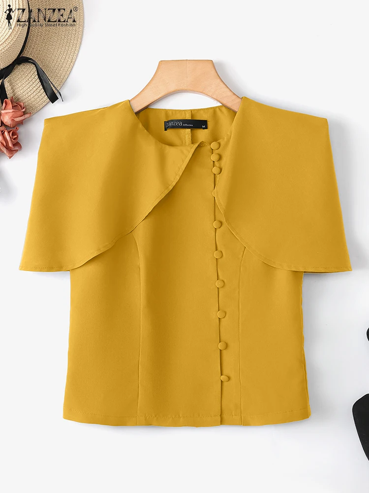 ZANZEA Elegant Office Lady เสื้อผู้หญิงผ้าคลุมไหล่สไตล์ 2025 แฟชั่น O-คอสีทึบเสื้อแขนสั้นสบายๆฤดูร้อน Blusas