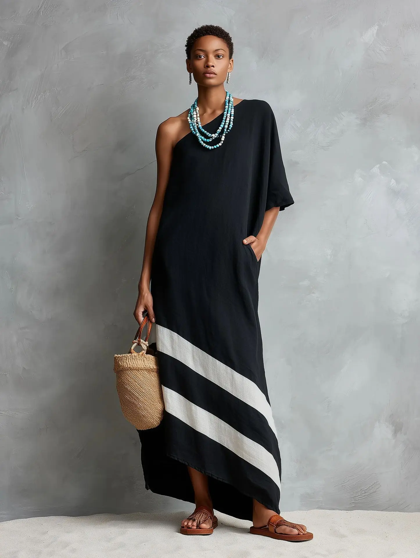 Spring Summer Asymmetrical Shoulder Color Block Cotton Linen Short Sleeve Women's Dress Casual Loose Waist Wide Hem Dress