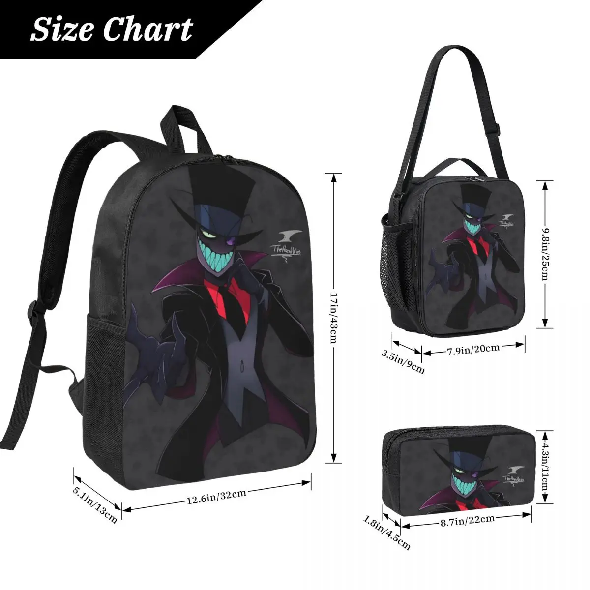 3Pcs Villainous Comdy Prints Backpack Set for Girls Boys Pen Bags Bookbag Sets with Lunch Box For School Students Daypack