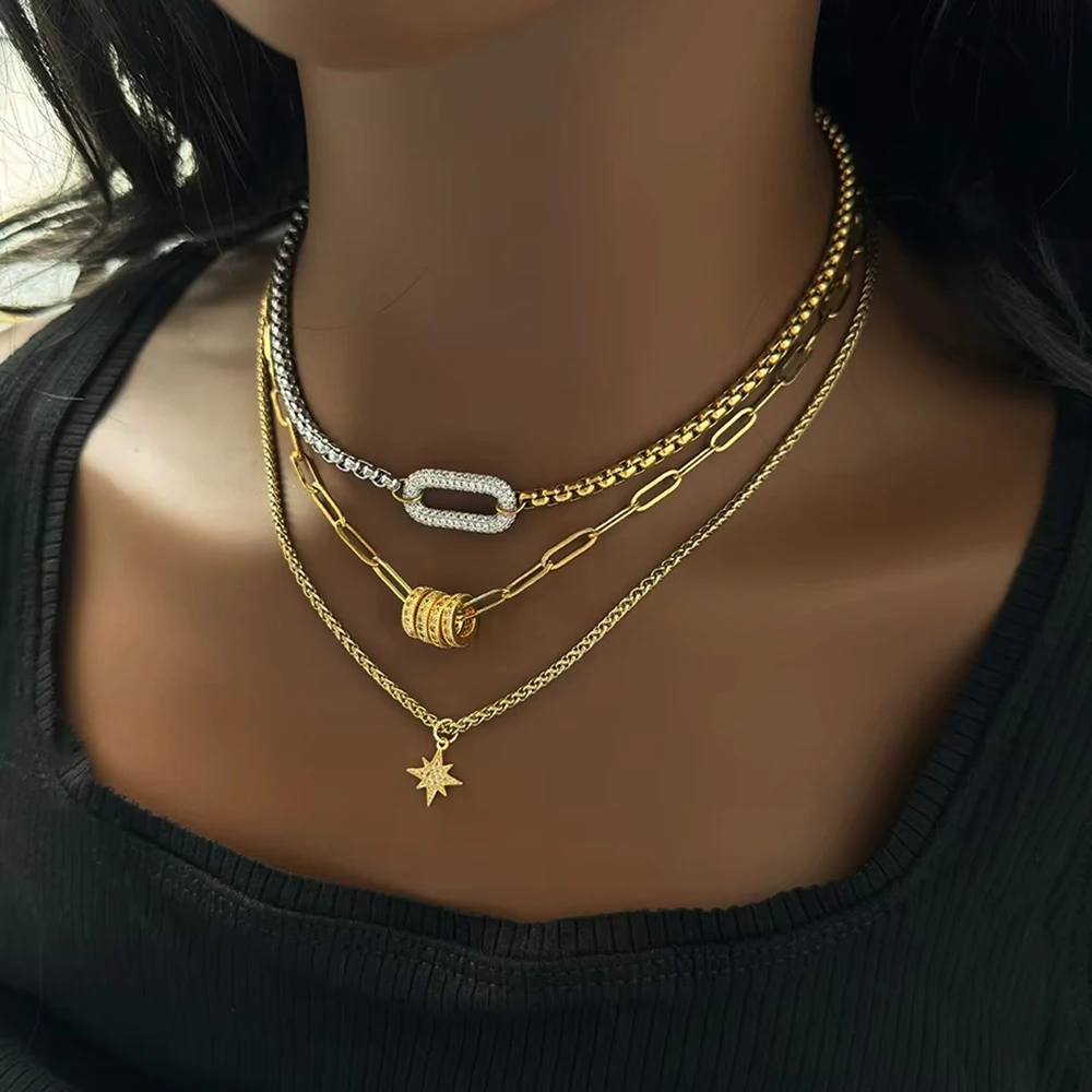 Fashion Designer Jewelry Waterproof Stainless Steel 18k Gold Plated Two Tone Oval Zircon Charm Multilayer Necklace for Women