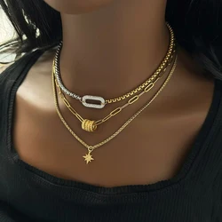 Fashion Designer Jewelry Waterproof Stainless Steel 18k Gold Plated Two Tone Oval Zircon Charm Multilayer Necklace for Women